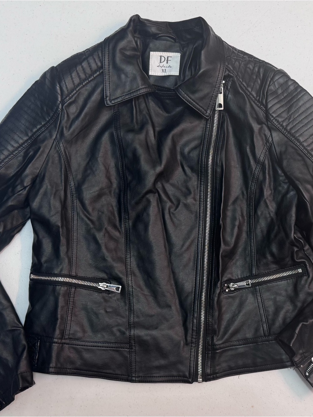 DeFacto Women’s XL Black Faux Leather Moto Biker Jacket Quilted Zip